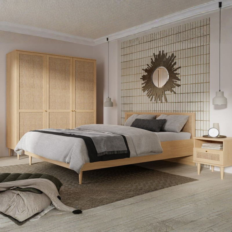 Letto matrimoniale Livia con dettaglio testiera in rattan colore rovere