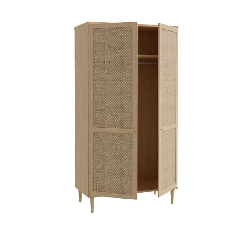 Armadio Livia 2 ante battenti con dettaglio in rattan intrecciato colore rovere