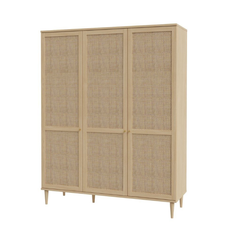 Armadio Livia 3 ante battenti con dettaglio in rattan intrecciato colore rovere