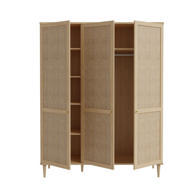 Armadio Livia 3 ante battenti con dettaglio in rattan intrecciato colore rovere