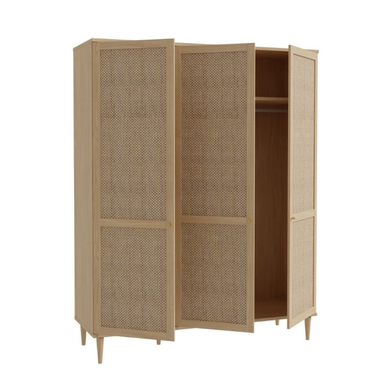 Armadio Livia 3 ante battenti con dettaglio in rattan intrecciato colore rovere