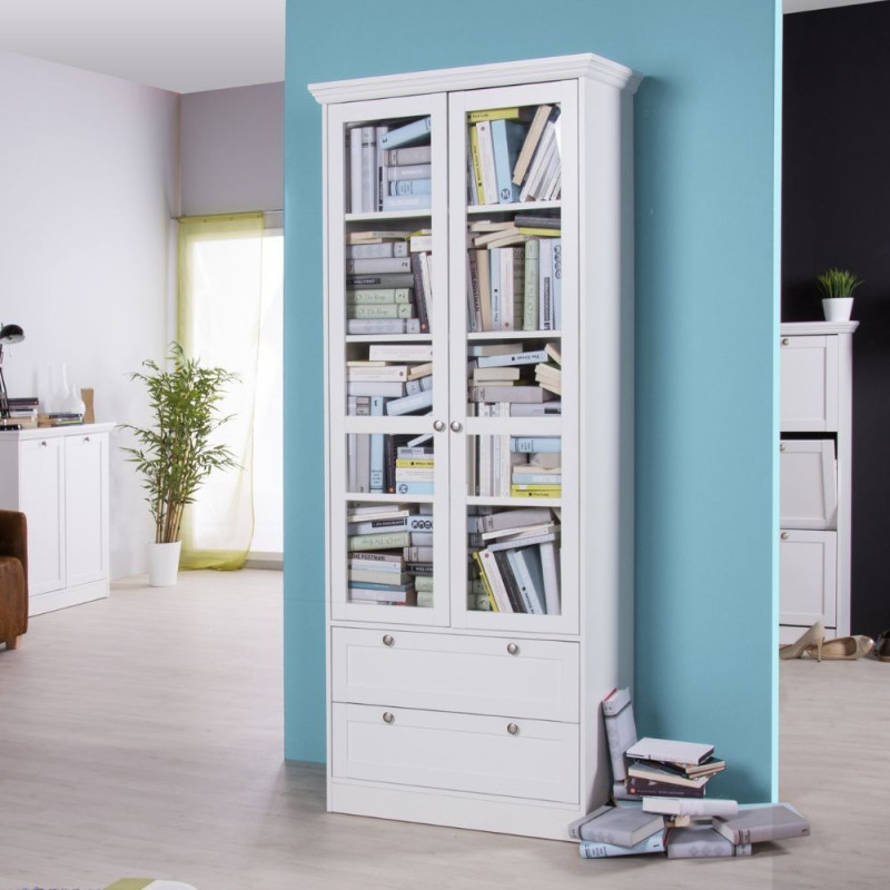 Vetrina Landwood51 con 2 ante in vetro e 2 cassetti colore bianco