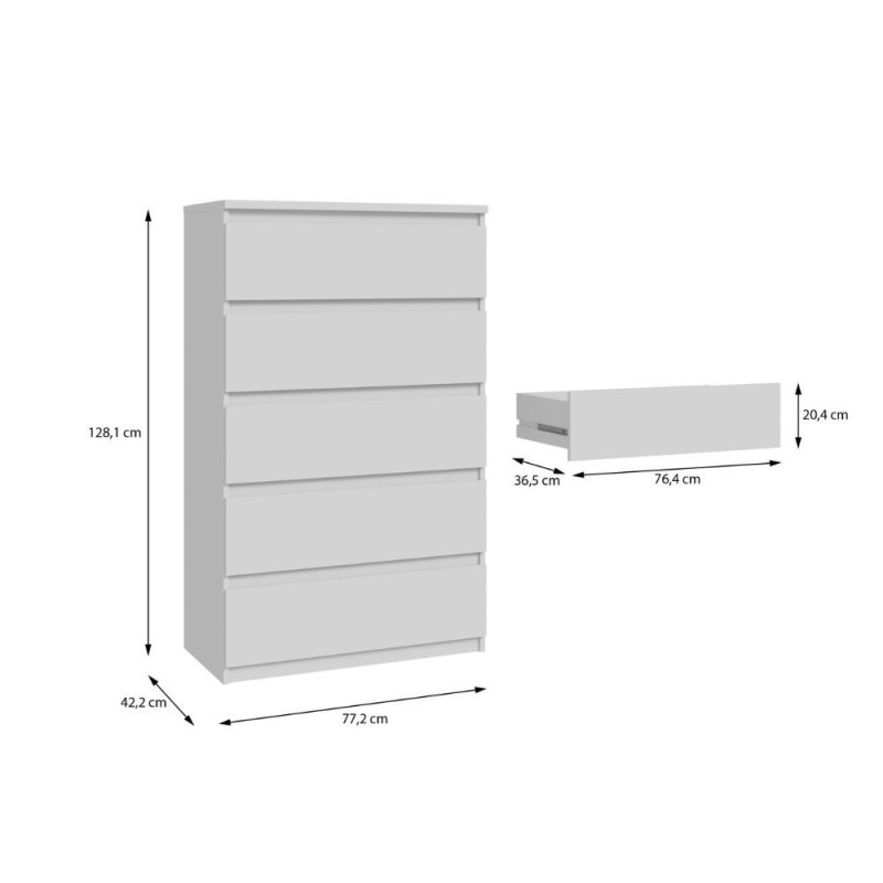 Cassettiera Morgan 5 cassetti 77.2 x 42.2 x H 128.1 cm colore bianco opaco