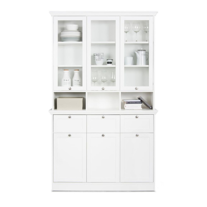 Credenza con vetrina Landwood50 3 ante vetro superiori 3 ante inferiori vani a giorno e 3 cassetti in bianco