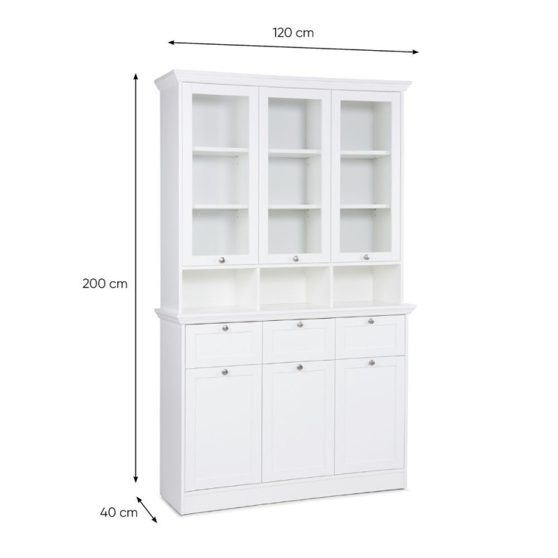 Credenza con vetrina Landwood50 3 ante vetro superiori 3 ante inferiori vani a giorno e 3 cassetti in bianco