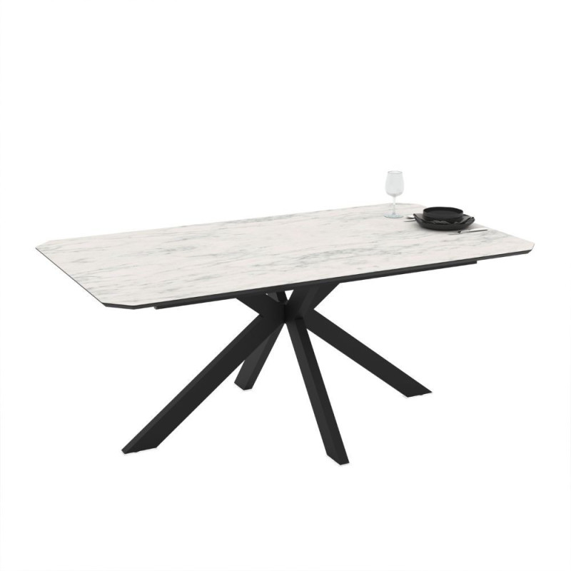 Tavolo fisso Opera con piano effetto marmo bianco opaco e struttura in metallo nero