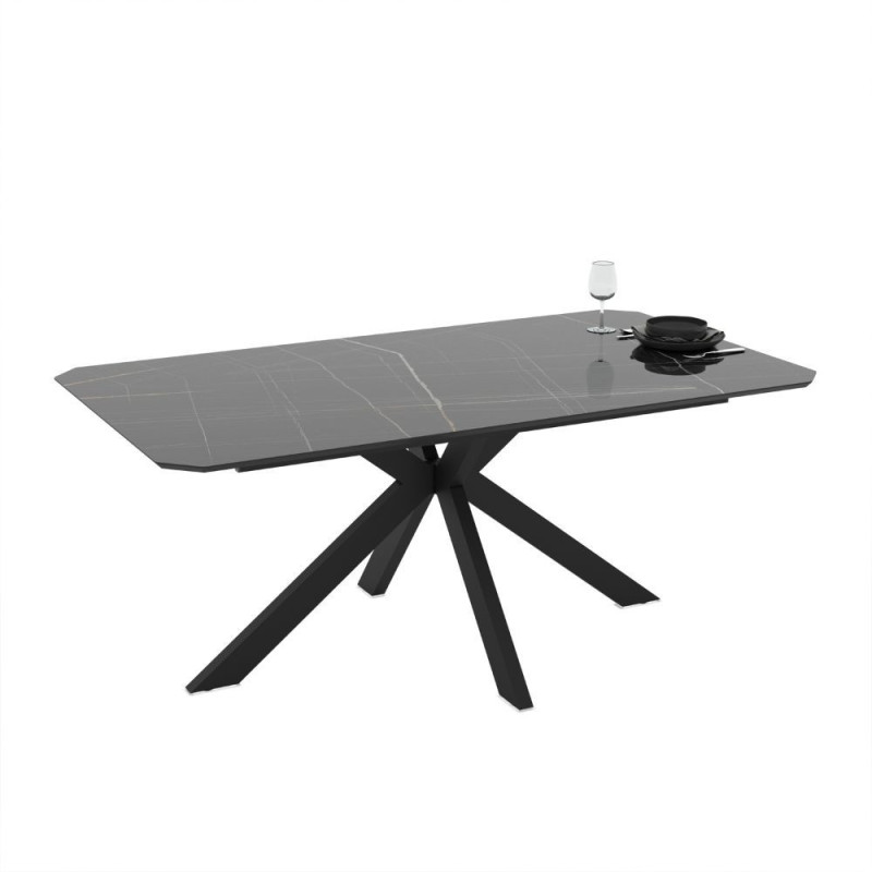 Tavolo fisso Opera con piano effetto marmo nero gold lucido e struttura in metallo nero