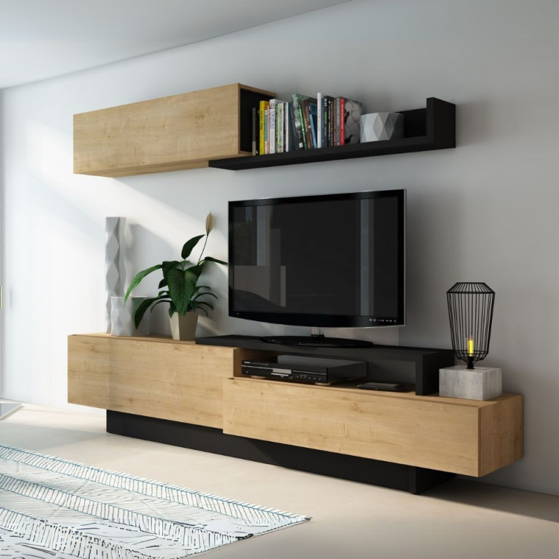 Parete attrezzata 8068 con 3 ante a ribalta e ripiano colore antracite e rovere