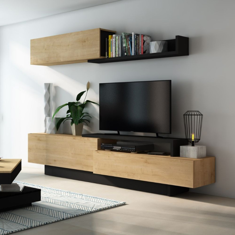 Parete attrezzata 8068 con 3 ante a ribalta e ripiano colore antracite e rovere