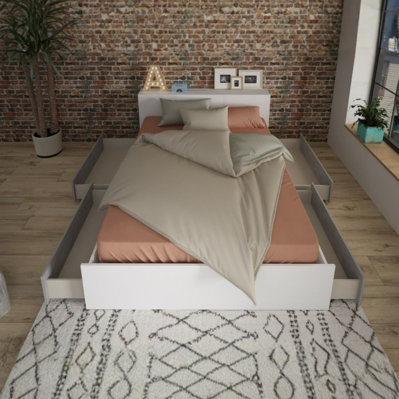 Letto contenitore 1566 alla francese con 4 cassettoni e comodini estraibili colore bianco e cemento