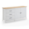 Credenza Miranda con 2 ante e 3 cassetti in legno massiccio bianco con top pino