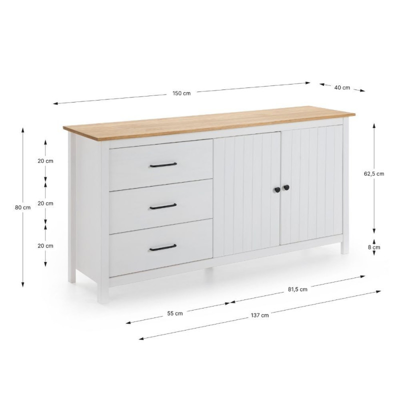 Credenza Miranda con 2 ante e 3 cassetti in legno massiccio bianco con top pino