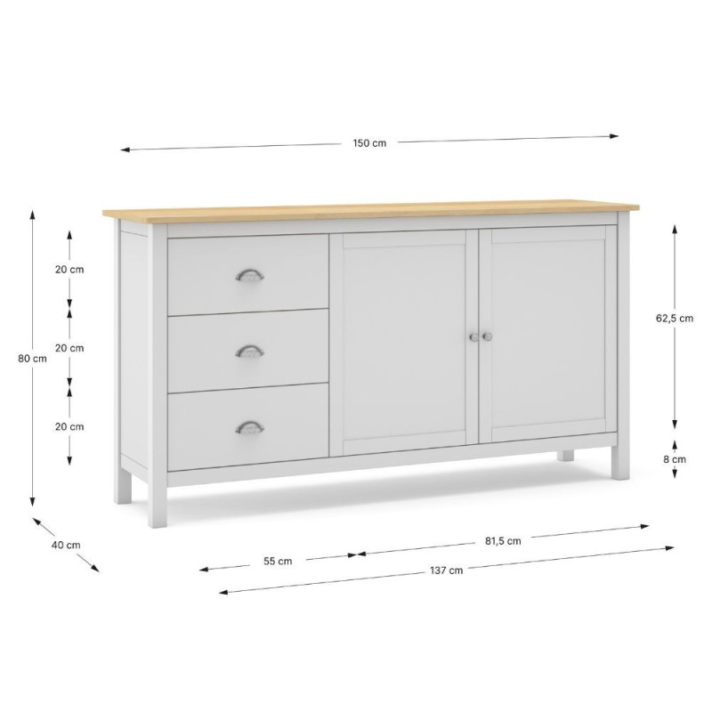 Credenza Misti 2 ante e 3 cassetti in legno massiccio bianco e rovere