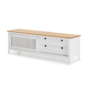 Zoom Mobile porta tv Bruna con 1 anta scorrevole e 2 cassetti in legno massiccio bianco e top pino