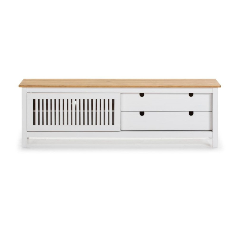 Mobile porta tv Bruna con 1 anta scorrevole e 2 cassetti in legno massiccio bianco e top pino