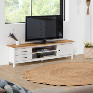 Zoom Mobile porta tv Miranda con 1 anta 2 cassetti e 2 vani a giorno in legno massiccio colore bianco e top pino