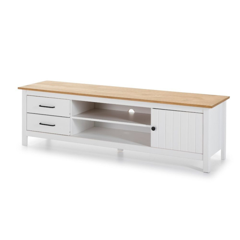 Mobile porta tv Miranda con 1 anta 2 cassetti e 2 vani a giorno in legno massiccio colore bianco e top pino