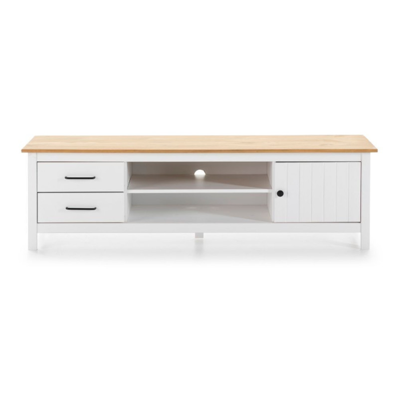 Mobile porta tv Miranda con 1 anta 2 cassetti e 2 vani a giorno in legno massiccio colore bianco e top pino