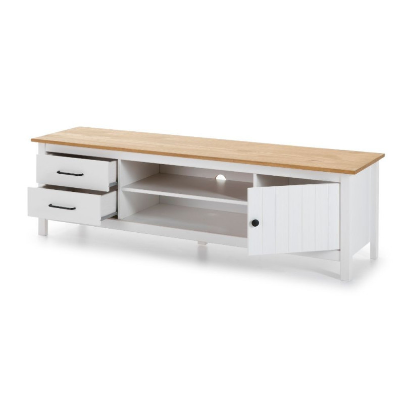 Mobile porta tv Miranda con 1 anta 2 cassetti e 2 vani a giorno in legno massiccio colore bianco e top pino