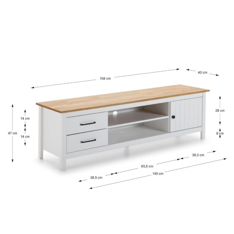 Mobile porta tv Miranda con 1 anta 2 cassetti e 2 vani a giorno in legno massiccio colore bianco e top pino