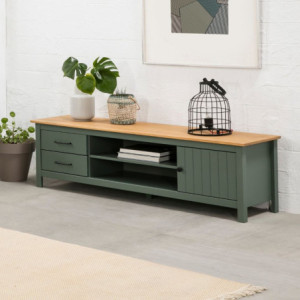 Zoom Mobile porta tv Miranda con 1 anta 2 cassetti e 2 vani a giorno in legno massiccio colore verde e top pino