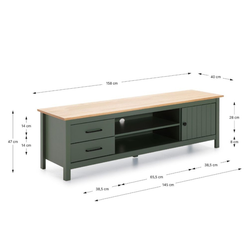 Mobile porta tv Miranda con 1 anta 2 cassetti e 2 vani a giorno in legno massiccio colore verde e top pino