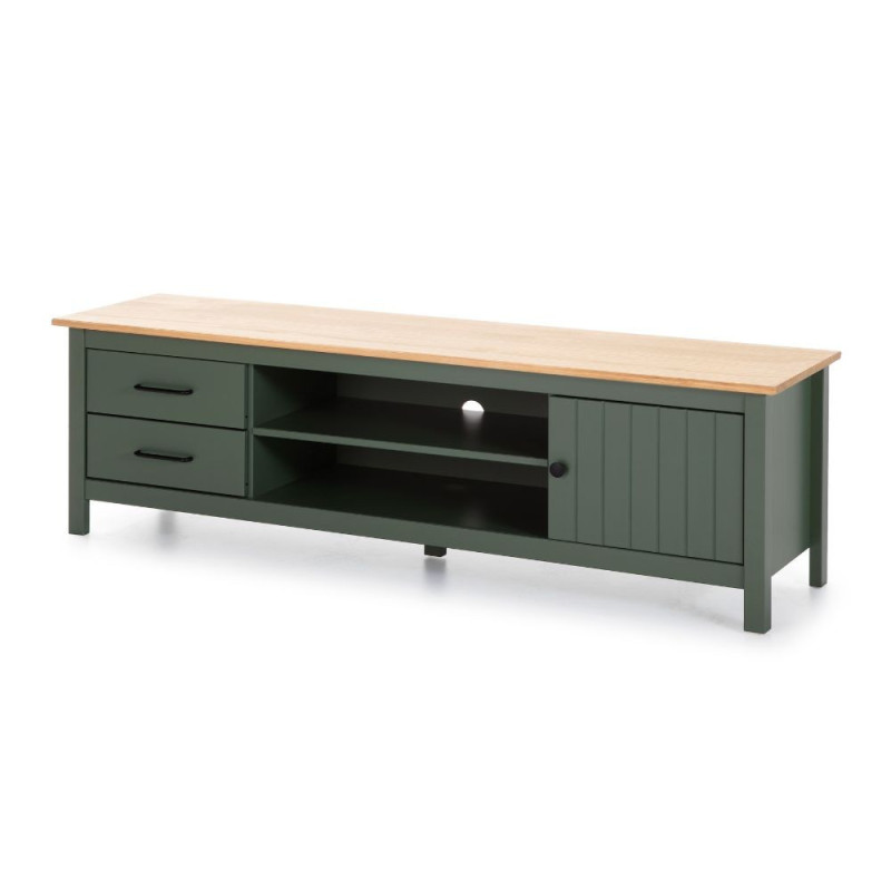 Mobile porta tv Miranda con 1 anta 2 cassetti e 2 vani a giorno in legno massiccio colore verde e top pino