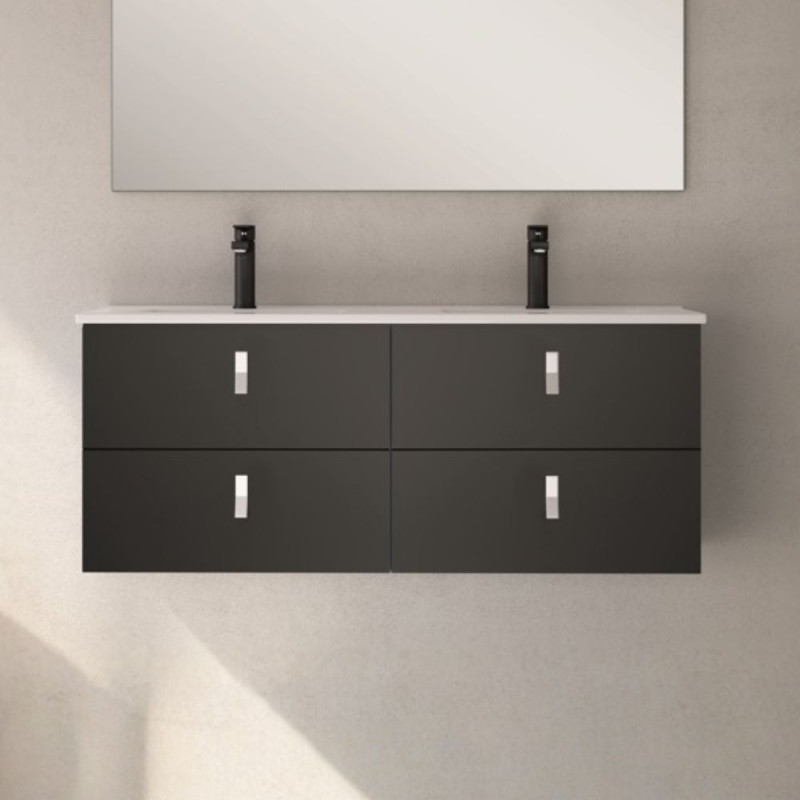 Mobile bagno sospeso Invicta con 4 cassetti colore nero con maniglie bianche 120x45x48 cm.