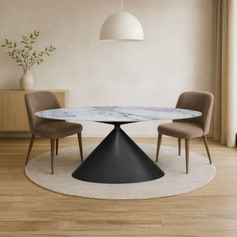 Tavolo ovale fisso Punto con piano effetto marmo con dettagli blu 200x80xH76 cm.