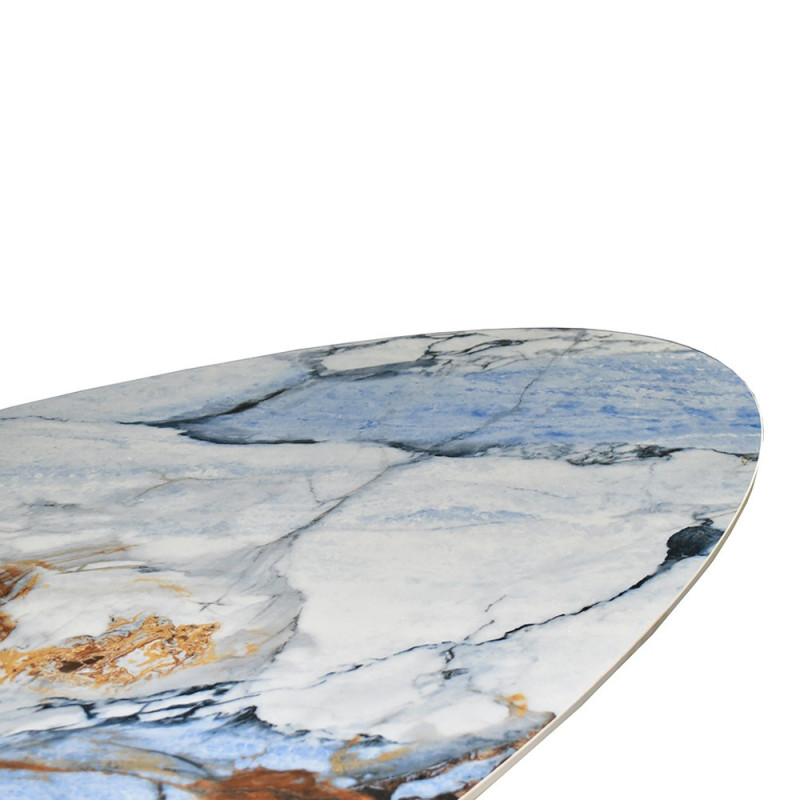 Tavolo ovale fisso Punto con piano effetto marmo con dettagli blu 200x80xH76 cm.
