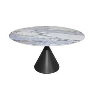 Zoom Tavolo fisso Punto con piano effetto marmo con dettagli blu D150xH76 cm.