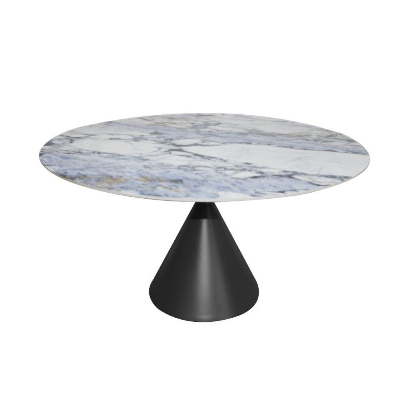 Tavolo fisso Punto con piano effetto marmo con dettagli blu D150xH76 cm.