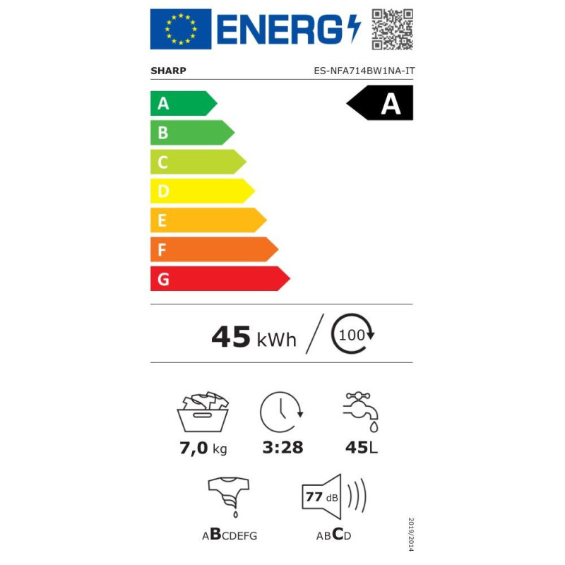 Lavatrice Sharp ESNFA714BW1NA libera installazione 7 kg 1400 giri motore inverter classe A