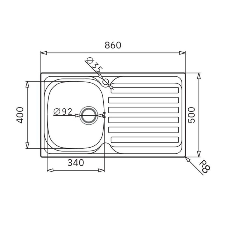 Lavello da incasso Adriatico861 monostampo con 1 vasca sinistra e gocciolatoio destro inox