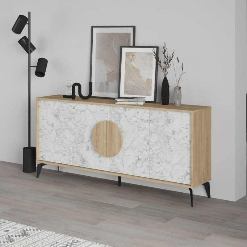 Madia Gora 180 cm struttura colore rovere con ante carrara effetto marmo bianco
