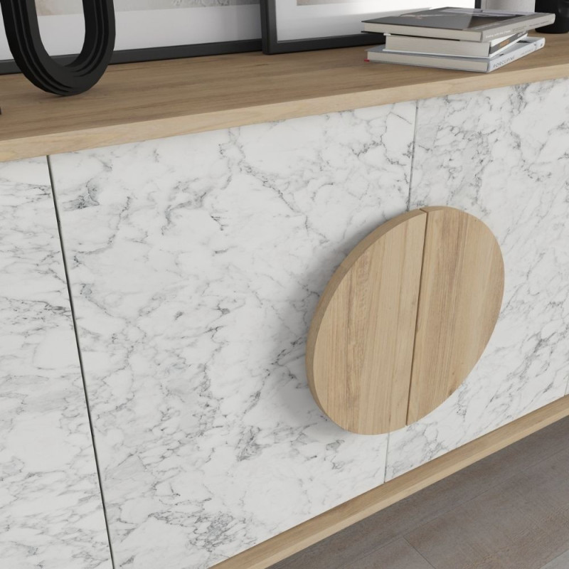 Madia Gora 180 cm struttura colore rovere con ante carrara effetto marmo bianco