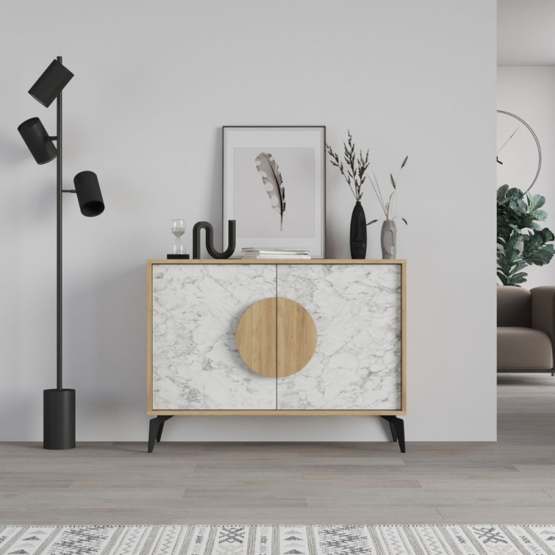 Madia Gora 110 cm struttura colore rovere con ante carrara effetto marmo bianco