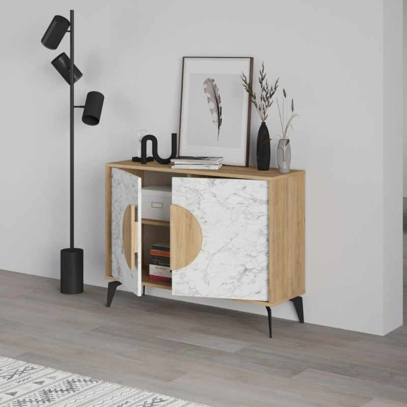 Madia Gora 110 cm struttura colore rovere con ante carrara effetto marmo bianco