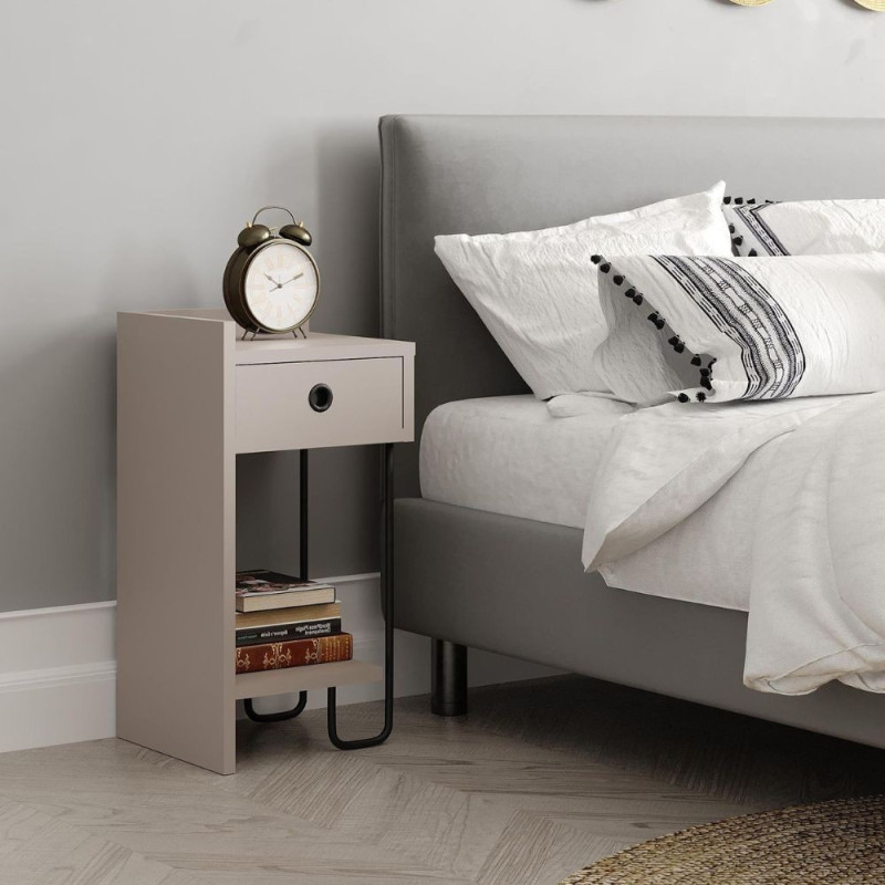 Comodino Sirius con cassetto colore tortora e gamba in metallo nero sinistro