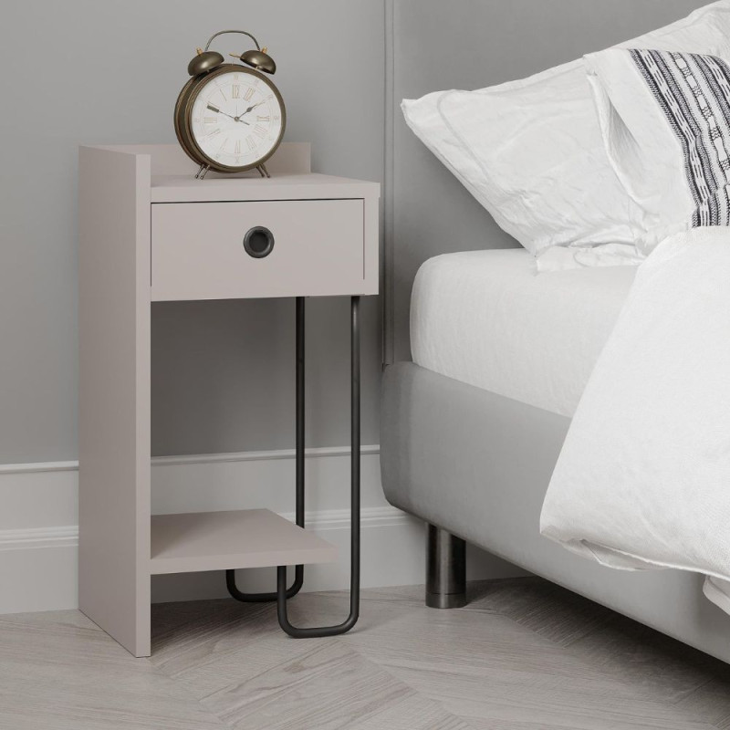 Comodino Sirius con cassetto colore tortora e gamba in metallo nero sinistro