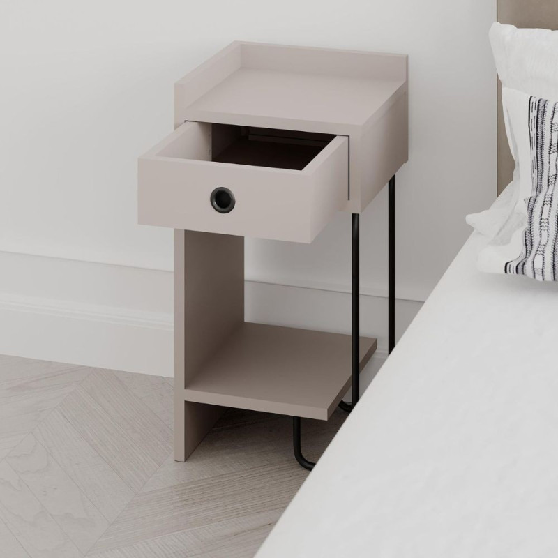 Comodino Sirius con cassetto colore tortora e gamba in metallo nero sinistro