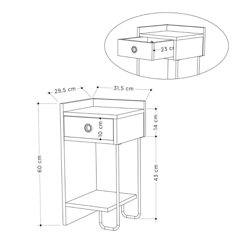 Comodino Sirius con cassetto colore tortora e gamba in metallo nero sinistro
