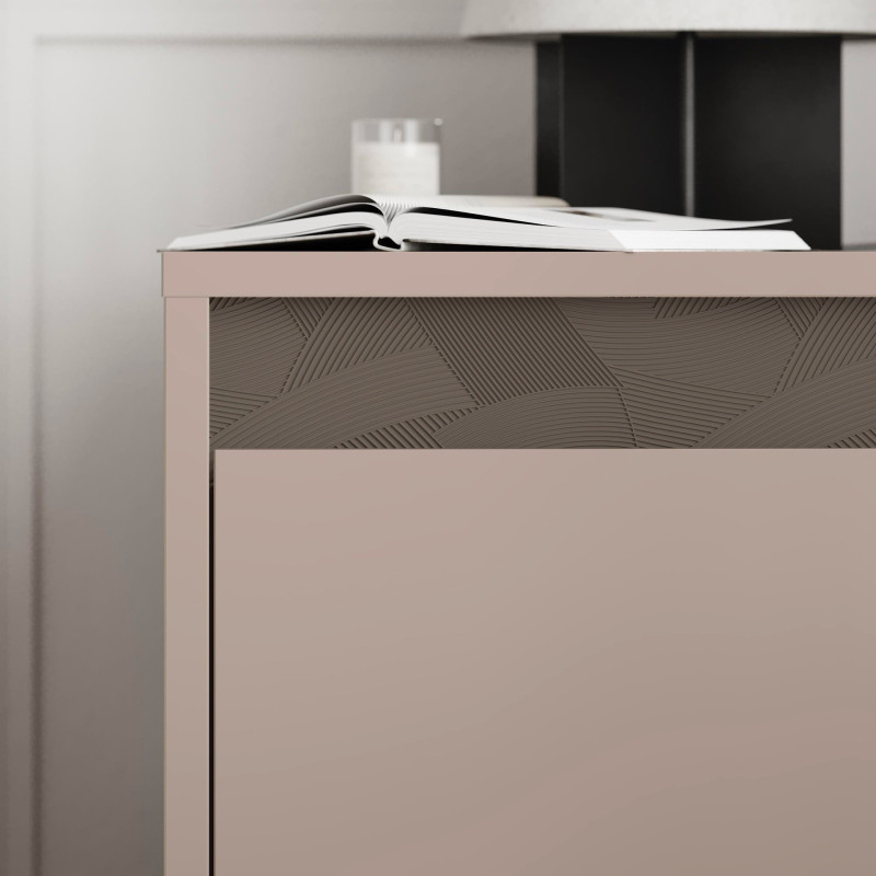 Comodino Mott con cassetto tortora e dark coffee con dettaglio decorativo