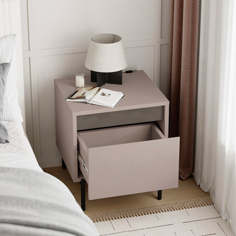 Comodino Mott con cassetto tortora e dark coffee con dettaglio decorativo