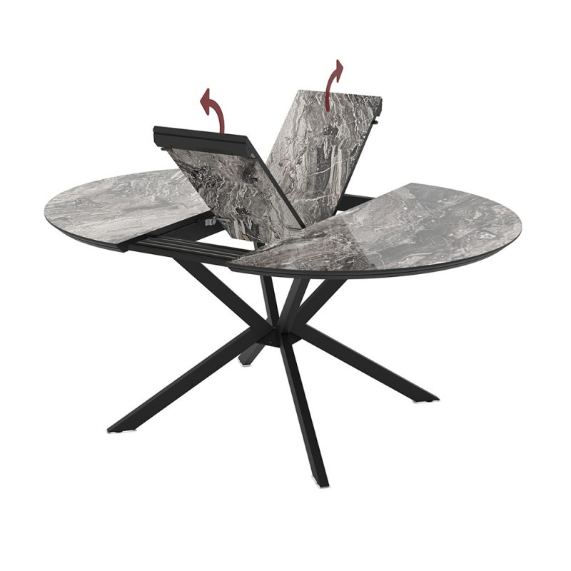 Tavolo allungabile Dobok con allunga 34 cm colore piano effetto marmo nero arabesque lucido e gambe in metallo nero