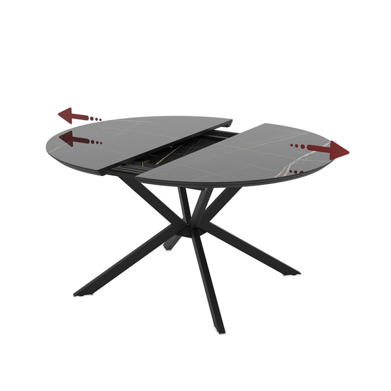 Tavolo allungabile Dobok con allunga 34 cm con piano effetto marmo nero con dettagli oro lucido e gambe in metallo nero