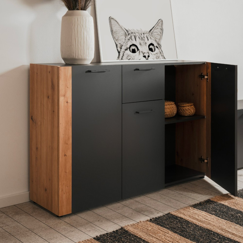 Madia Cento 01B con 3 ante e 1 cassetto colore antracite e laterali legno rovere artisan