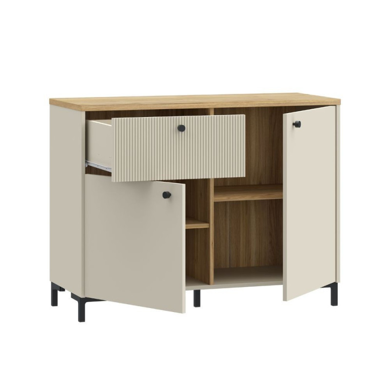 Madia Unit 2 ante e 1 cassetto cannettato L 103.1 x P 41.9 x H 79 cm. colore cashmere con top rovere