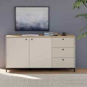 Zoom Madia Unit 2 ante e 3 cassetti cannettato L 152.80 x P 41.9 x H 79 cm. colore cashmere con top rovere