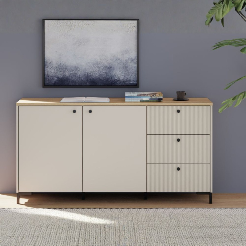Madia Unit 2 ante e 3 cassetti cannettato L 152.80 x P 41.9 x H 79 cm. colore cashmere con top rovere
